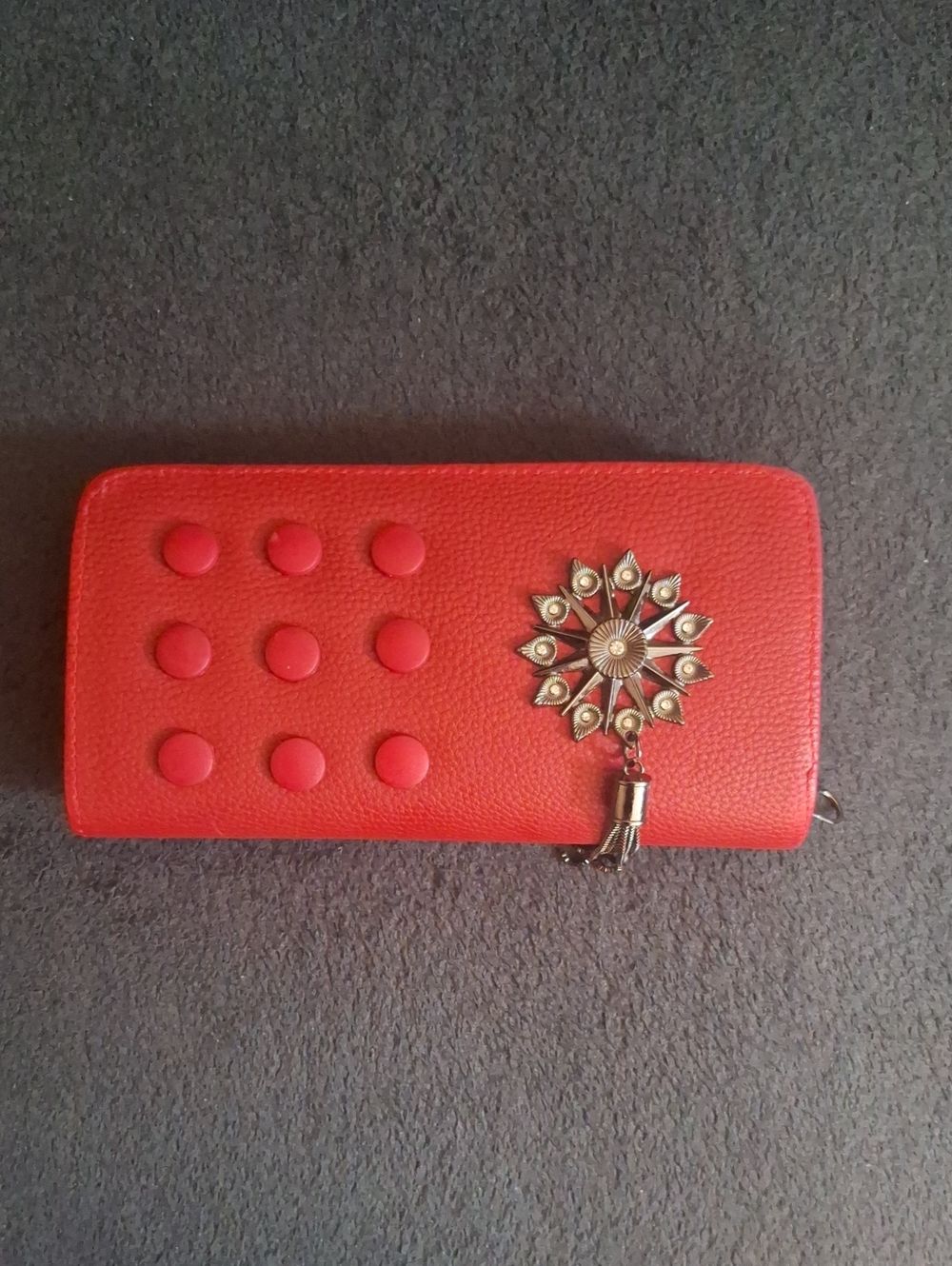 Red Women's Zip Wallet with Decorative Medallion